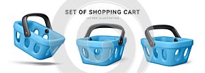 Set of 3d realistic blue plastic shopping cart isolated on white background. Vector illustration