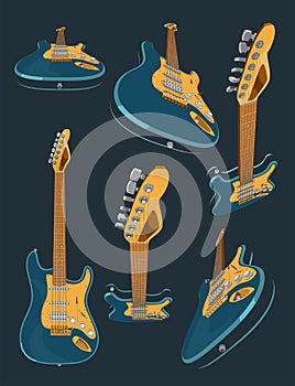 Set with 3d realistic colored electric guitar. Different angles and 3D projections of guitar. 3d vector model of guitars