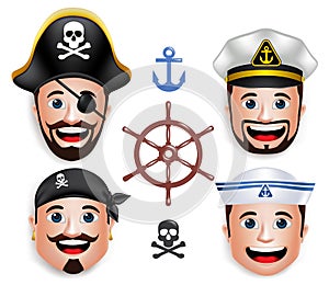 Set of 3D Realistic Face Head of Man Sailors like Pirates