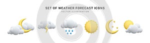 Set of 3d realistic forecast weather icons isolated on white background. Sun, moon, star, lightning, cloud, rain drops in cartoon