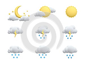 Set of 3d realistic forecast weather icons isolated on white background. Sun, moon, star, lightning, cloud, rain drops, snowflakes