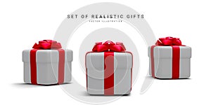 Set of 3d realistic gift boxes with redribbon isolated on white background. Surprise boxes. Vector illustration