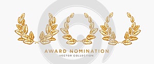 Set of 3d realistic gold laurel wreath winner award nominations isolated on white background. Award, prize, rewarding