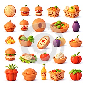 Set of 3d realistic Hamburger, Hot Dog, soda and fries potatoes, fruit, bread, juice, tomato, on white background. Vector