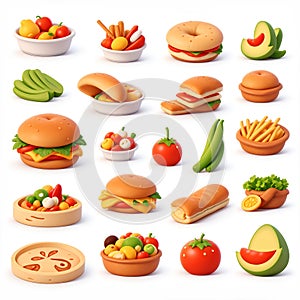 Set of 3d realistic Hamburger, Hot Dog, soda and fries potatoes, fruit on white background. Vector illustration