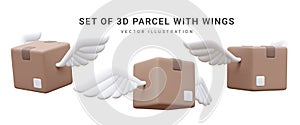 Set of 3d realistic parcel with wings isolated on white background. Cardboard boxes for delivery service concept in cartoon style
