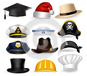 Set of 3D Realistic Professional Hat and Cap Vector Illustration