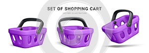 Set of 3d realistic purple plastic shopping cart isolated on white background. Vector illustration