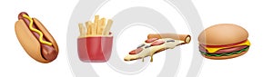 Set of 3d realistic render fast food elements icon set. Pizza slice, burger, french fries, hot dog isolated on white background.