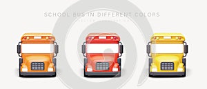 Set of 3d realistic school bus in different colors. Web poster with automobiles for auto shop