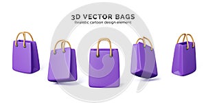 Set of 3D realistic shopping bags. Fashion purple handbag with yellow handles. Market package template