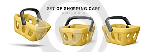 Set of 3d realistic yellow plastic shopping cart isolated on white background. Vector illustration
