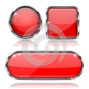 Set of 3d red glass buttons with metal frame