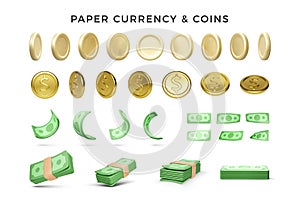 Set of 3D render gold coins and green paper currency. Wad of green dollars for business banners and concepts. Realistic money in