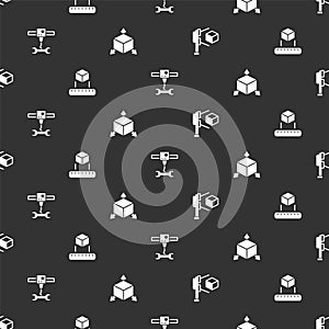 Set 3D scanner with cube, Isometric, printer wrench spanner and on seamless pattern. Vector