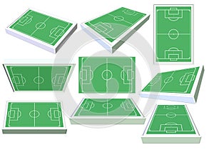 Set of 3D soccer fields from different angles.