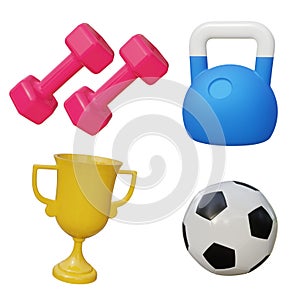 Set 3d sport icon equipment. Vector illustration. Set include Champions football trophy for winner award, soccer ball