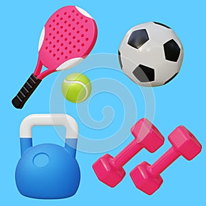 Set 3d sport icon equipment. Vector illustration. Set include pink paddle tennis racket and green tennis ball, soccer