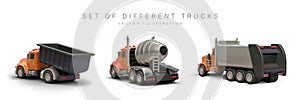 Set of 3D trucks with orange cab, rear view. Industrial trucks with different body types