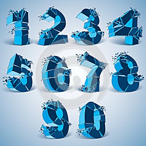 Set of 3d vector digital wireframe blue numbers from 0 to 9