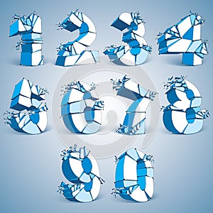 Set of 3d vector digital wireframe blue numbers from 0 to 9 broken into different particles, geometric polygonal numeration with