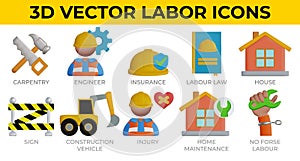 Set of 3d Vector Icons Related to Labor, Construction, Labour day, Renovation.