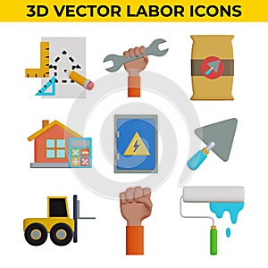 Set of 3d Vector Icons Related to Labor, Construction, Labour day, Renovation.