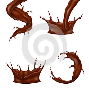 Set of 3D vector illustrations chocolate splash and pouring, realistic natural dairy products,isolated on white background 