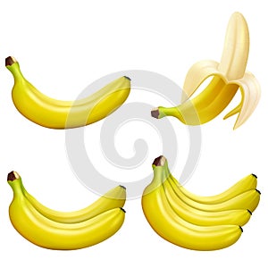 Set of 3d vector realistic illustration bananas. Banana,half peeled banana,bunch of bananas isolated on white background, banana