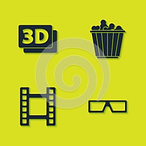 Set 3D word, cinema glasses, Play Video and Popcorn box icon. Vector