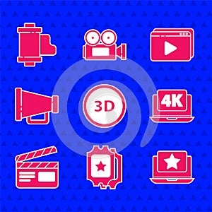 Set 3D word, Cinema ticket, Laptop with star, 4k video, Movie clapper, Megaphone, Online play and Camera vintage film