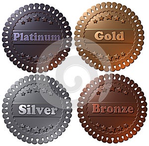 Set of 4 3D rendered medals, platinum gold silver and bronze.