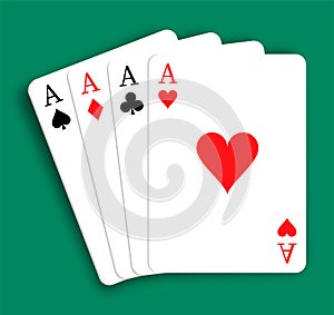 Set of 4 aces of playing cards of different suits. Diamonds, Hearts, Clubs, Spades. Combination of four kinds in poker. Realistic