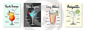 Set of 4 advertising recipe lists with alcoholic drinks, cocktails and beverages lettering posters, wall decoration, prints, menu