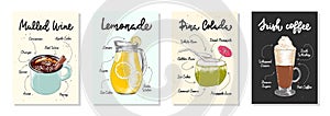 Set of 4 advertising recipe lists with alcoholic drinks, cocktails and beverages lettering posters, wall decoration, prints, menu