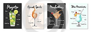 Set of 4 advertising recipe lists with alcoholic drinks, cocktails and beverages lettering posters, wall decoration, prints, menu