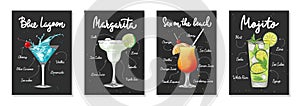 Set of 4 advertising recipe lists with alcoholic drinks, cocktails and beverages lettering posters, wall decoration, prints, menu