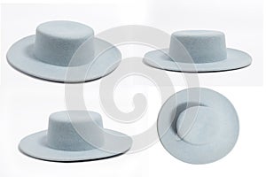 Set of 4 angles Stilish summer blue hat for women, isolated white background
