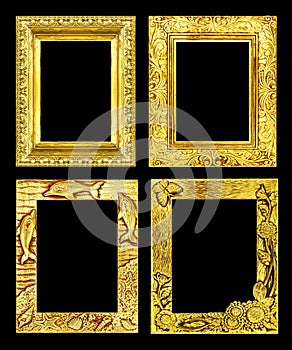 Set 4 antique golden frame isolated on black background, clipping path
