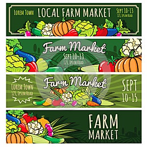 Set of 4 banners for the design of the farmer`s eco market, signs for the vegetable shop. colorful cartoon style