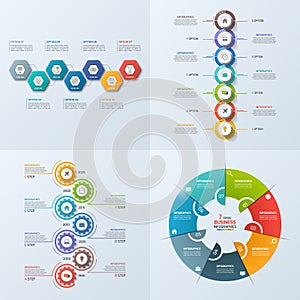 Set of 4 business infographic template with 7 steps, processes,