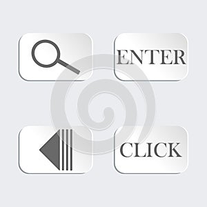 Set of 4 buttons. Magnifying glass. Play. Click. Enter. Design for Icons website on gray background