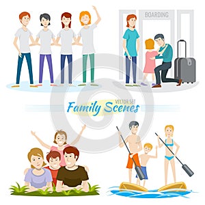 Set of 4 cards with the image of people, family, airport, friendship in flat