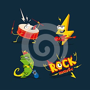 Set of 4 cartoon illustrations on the theme of rock.