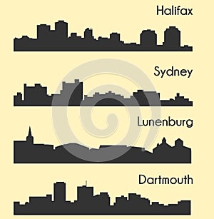 Set of 4 city silhouette in Nova Scotia, Canada ( Halifax, Lunenburg, Sydney, Dartmouth )