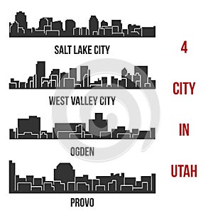 Set of 4 City Silhouette in Utah ( Salt Lake City, West Valley City, Provo, Ogden )