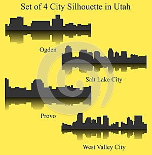 Set of 4 City Silhouette in Utah ( Salt Lake City, West Valley City, Provo, Ogden )