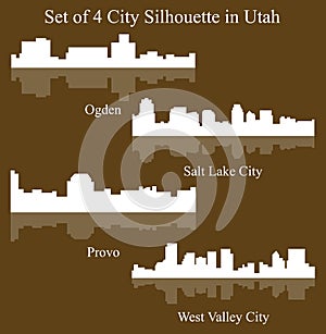 Set of 4 City Silhouette in Utah ( Salt Lake City, West Valley City, Provo, Ogden )