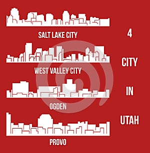 Set of 4 City Silhouette in Utah ( Salt Lake City, West Valley City, Provo, Ogden )