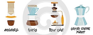 Set of 4 coffee makers for alternative methods of brewing. Coffee culture. Aeropress, hario, pour over, geyser coffee maker